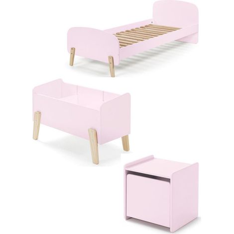 Pack - Lit Enfant, Chevet & Coffre "Kiddy" 90x200cm Rose (1/5)