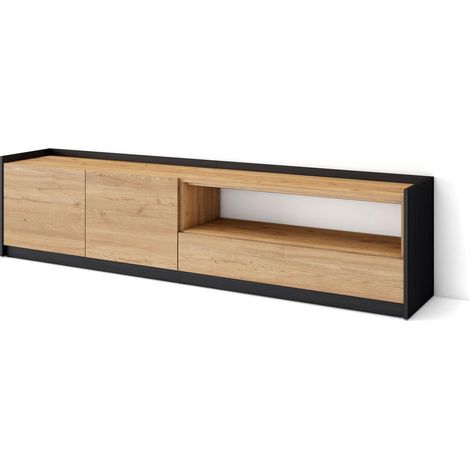 Skraut Home - Meuble TV, Banc Télé, 207x37x50cm, Pour les TV jusqu'à 80", Chêne et noir (1/5)