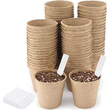 Lot de 100 pots de semis de 8 cm avec 100 étiquettes de 5 x 1 cm pour potagers et serres (1/5)