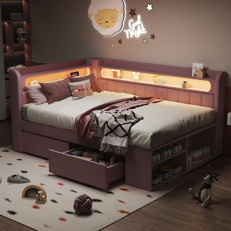Sofá cama tapizado de 90x200cm con puerto USB y tira de luz LED, incluye un zapatero y dos cajones, color rosa. (1/5)