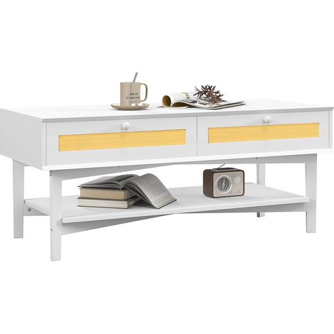 Tavolino da Caffè Boho con 2 Cassetti e Ripiano 120x50x50 cm in Rattan e Truciolato Bianco e Legno (1/5)