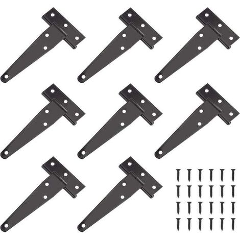 Charniere Porte Lourde , Charniere Porte 4 Pouces, Charnire en T Noires, Charniere Plate Inox Charnires de Portes en Fer Charnires Robustes pour Portes, Fentres, Abris de Jardin,8pcs