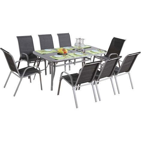 Habitat Et Jardin – Salon de jardin en textilène Cordoba XL 180 – 1 table 180 x 90 x 72 cm + 8 fauteuils – Gris foncé – Structure en acier et verre dépoli