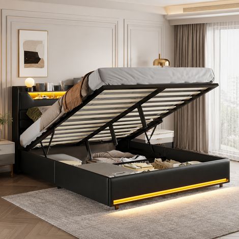 Lit coffre 140×190 cm,lumière LED LED,port USB,lit double rembourré,tête de lit avec rangement,cadre de lit 140×19,rangement hydraulique,style moderne,sommier à lattes,lit adulte,lit ados,PU,Noir (1/5)