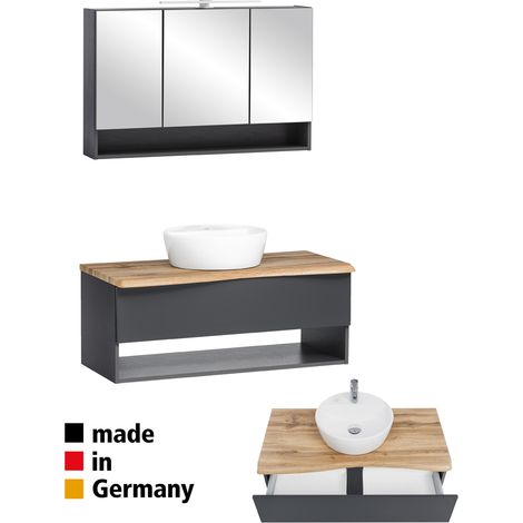 Waschplatz Set inkl. Waschbecken und LED Spiegelschrank KAHLA-03  in graphit mit Abdeckplatte in Wotan Eiche Nb. und Front in anthrazit matt, B/H/T: ca. 101/200/52 cm (1/5)
