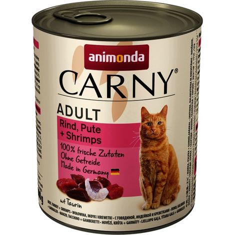 ANIMONDA Carny Alimento húmedo para gatos adultos con carne de res, pavo y camarones, 6 x 800 g
