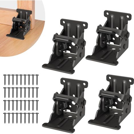 Lot de 4 supports pliables à charnière autobloquante avec vis pour pieds de table pliante, support d'extension verrouillable pour pieds de lit, noir (1/5)