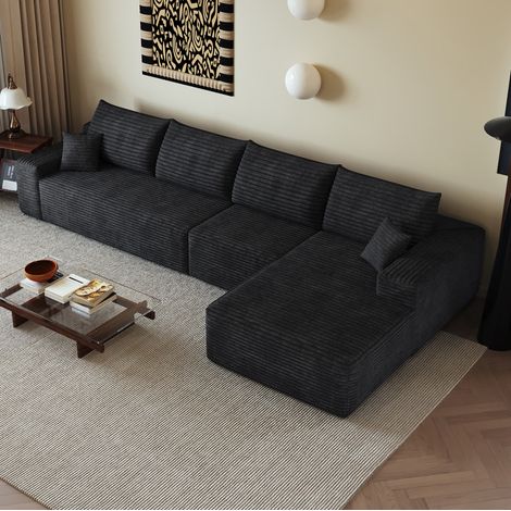 Divano angolare modulare 340 cm in corduroy nero con chaise longue reversibile e senza montaggio
