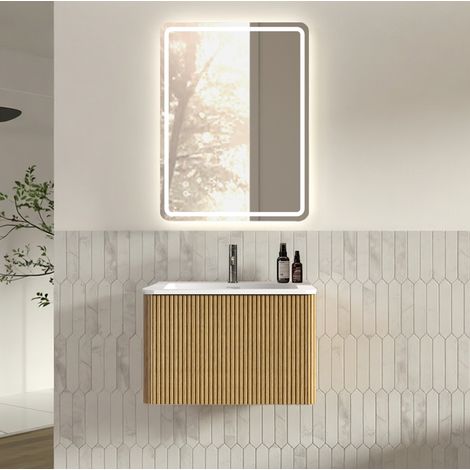 Meuble de salle de bain suspendu 60 cm avec vasque et miroir LED 60 x 80 cm, chêne (1/5)