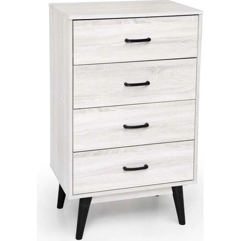 Commode Aura 60 x 40 x 99 cm en bois mélaminé blanc avec 4 tiroirs noirs