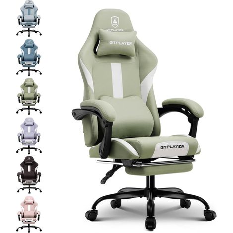 Chaise Gaming, Chaise de Gamer, Chaise de Bureau Respirante en Tissu de Haute Qualité, Chaise PC Ergonomique, Chaise de Bureau Réglable et Pivotante avec Repose-Pieds, Vert (1/5)
