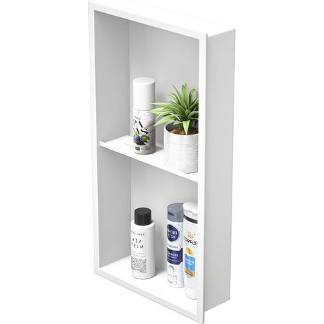 Niche de Douche en Acier Inoxydable, 61 x 30,5 cm, Blanc, Pas Besoin de carrelage, Niche Murale, Double étagère, étagère de Douche encastrée pour Rangement de Salle de Bain (1/5)