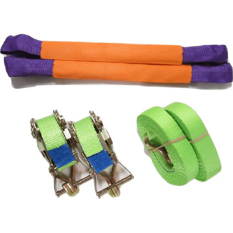 Recovery Ratchet Strap Set Hi Vis x2 (35MM x 4M Round Sling Alloy Wheel Tie Down Trailer Kit) (1/3)