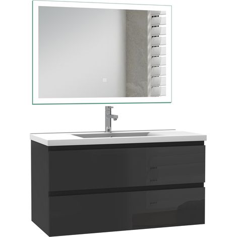 Ocean Ensemble de Meuble salle de bain 99 cm noir Haut Brillant, miroir led