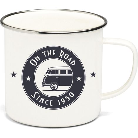 Mug émaillé collection Combi Volkswagen : - Modèle : On the road - Blanc / Marine (1/3)