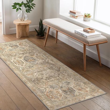 Tapis Salon Vintage Entree 80x150cm Lavable en Machine AntidéRapant Poil Ras, pour Chambre Salle a Manger Descente de Lit Bureau, Cuisine, Interieur Brunâtre (1/5)