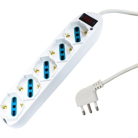 Multipresa Ciabatta Elettrica Cavo 1,5M Con 5 Posti Prese Universale 10/16A Schuko e Interruttore Spina 10A Laterale Bianco