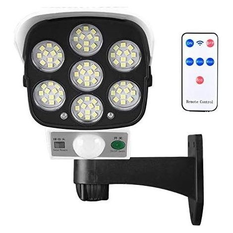 Lampe solaire d'extérieur avec détecteur de mouvement sans fil et caméra de sécurité factice IP66 étanche 77 LED lampe murale spot pour cour, jardin, terrasse, garage, allée, (1/5)