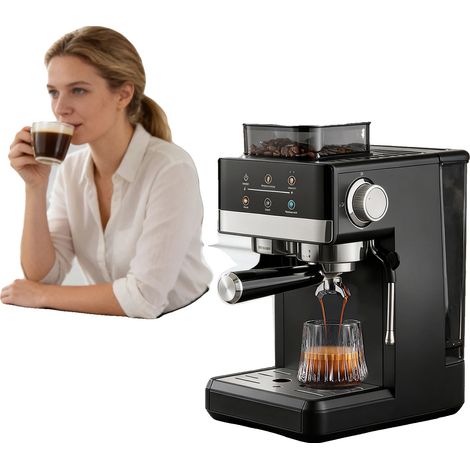 Cafetera espresso, presión de bomba de 15 bares, 1450 vatios, dimensiones 12,5 x 11,5 x 15 pulgadas, molinillo incorporado, capacidad para preparar café caliente y frío. (1/5)