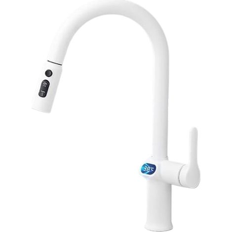 Digitale Küchenarmatur mit LED-Temperaturanzeige, ausziehbarem Brausekopf, 360°-Drehung, drei Sprühmodi und Warm-/Kaltwasser-Mischfunktion.