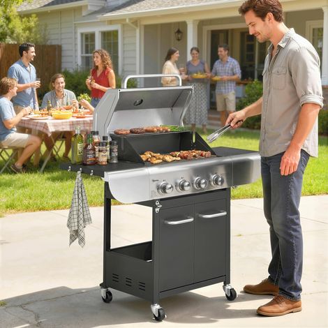 Barbacoa de Gas con 4 Quemadores 12,8 kW Termómetro Parrillas de Hierro Fundido Mesas Laterales Armario y Ruedas Negro