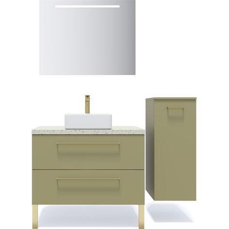 Meuble de salle de bain suspendu vasque à poser 90cm 1 tiroir Vert olive + miroir + colonne ouverture droite - Glasgow (1/5)