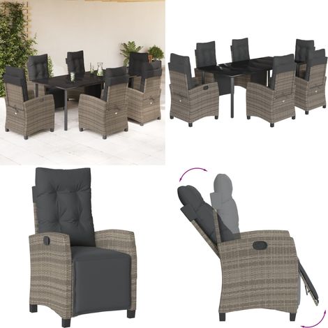 7-tlg. Garten-Essgruppe mit Kissen Grau Poly Rattan - Gartenstuhl - Gartentisch (1/5)
