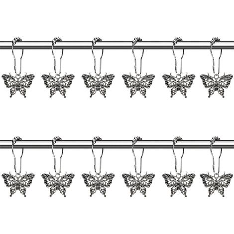 Lot de 12 crochets décoratifs papillon pour rideau de douche, style nature, antirouille, accessoires de décoration pour salle de bain (1/5)