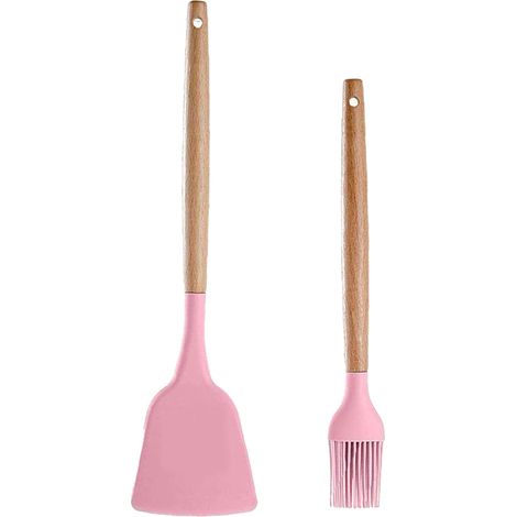 Ustensiles De Cuisine En Silicone - Poignées En Bois De Hêtre - Résistance Thermique 230°C - Set De 2 Pièces (1/5)