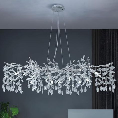 Modern Crystal Chandelier, Silver, Long Lights Branch Shape Aluminium Chandelier, Dining Room, 10 G9 Pendant Light for Dining Table, Kitchen, Living Room, Bedroom, Hotel, Length 120 cm (1/5)