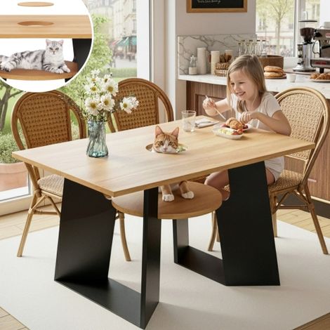 Haustierfreundlicher Esszimmer-Küchentisch mit Haustierbereich & Ablagebrettchen, rechteckig für 6 Personen (130×85×75 cm), Naturholz-Schwarz Mix