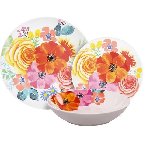 Servizio di Piatti da Tavola in Porcellana Flores Fiorato 18 Pezzi (1/3)