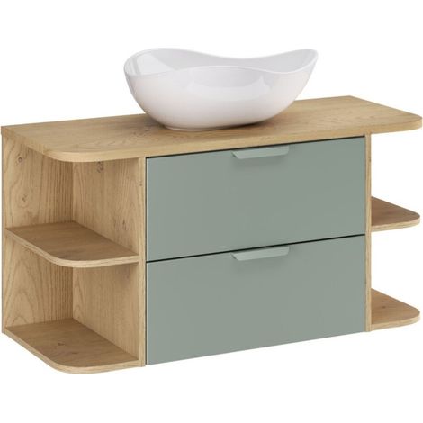 OSTER Set 100cm: Unterbauschrank mit Schubladen in Salbeigrün und sichtbaren Fächern + Platte für Waschbecken + Aufsatzwaschbecken in Weiß