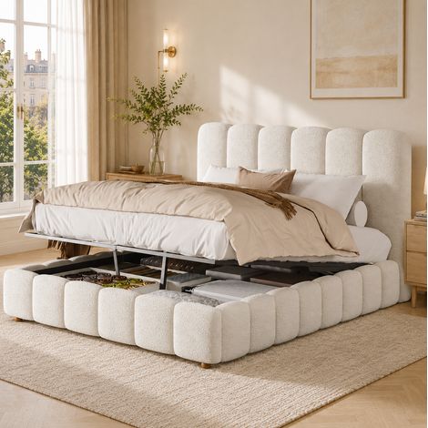 Cama con almacenaje 140x200 cm con elevación hidráulica, somier de láminas y cabecero en bouclé blanco (1/5)