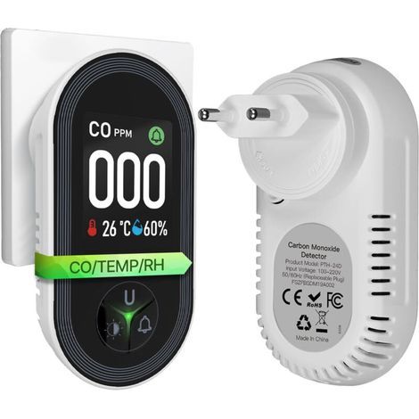 Kohlenmonoxidmelder mit Stecker – CO-Melder mit Temperatur- und Feuchtigkeitssensor – Akustischer Alarm für Propan, Methan, Ethan und CO – für Haus und Wohnwagen (1/5)