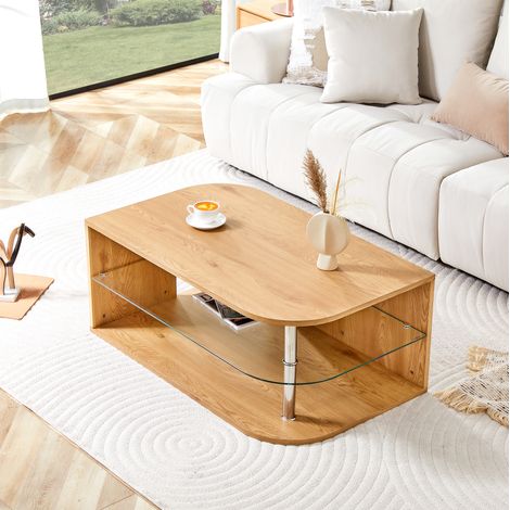 Tavolino da caffè 100x60x42 cm con doppio vano contenitore, stile scandinavo, in MDF effetto legno naturale e vetro. (1/5)