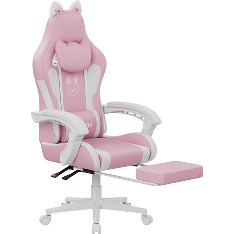 Chaise Gaming - Support Lombaire Massage - Appui-tête & Repose-pied - 135°Dossier inclinable - jusqu'à 130Kg - Pivotement sur 360 degrés - Rose et Blanc