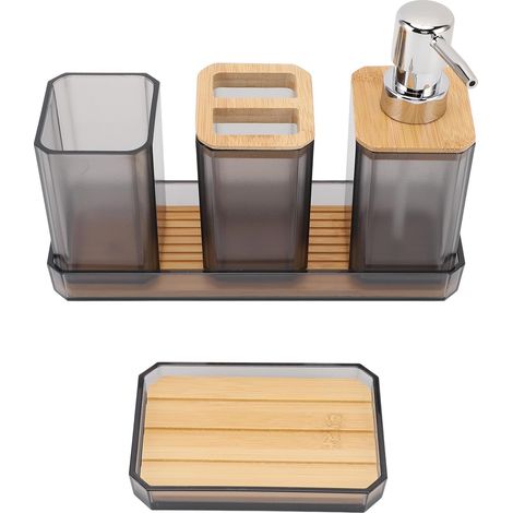 Accessoires Salle de Bain, Ensemble d'accessoires de Salle de Bain, 5 pièces Ensemble Cadeau d'accessoires de Salle de Bain, Distributeur de Savon, Porte-Savon (Gris) (1/5)