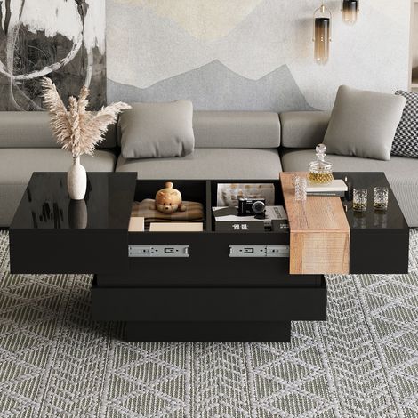 Table basse carrée 70x70x39 cm extensible rangement dissimulé design color block noir MDF meuble salon multifonction moderne (1/5)