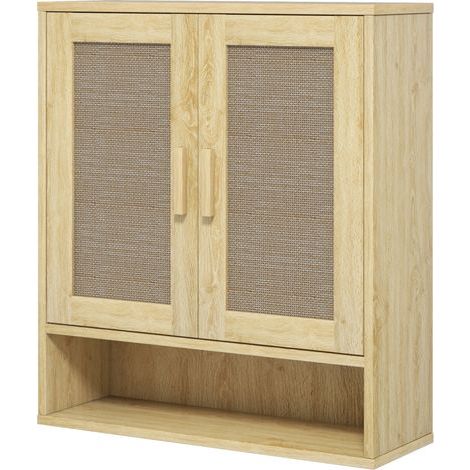 Meuble mural salle bain WC suspendu double porte étagère ouverte, 59x20x66,5 cm, effet chêne