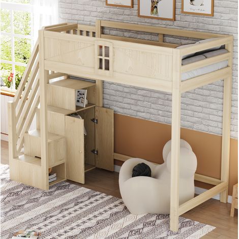 Cama alta infantil 90x200 cm con ventana y escalera reversible, natural, sin colchón FloraGrace (1/5)