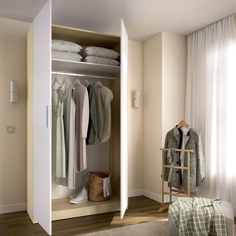 Armario 2 Puertas Tulot, Ropero Dormitorio con Perchero, Cajones, un Estante, 51x204h cm Blanco (1/5)