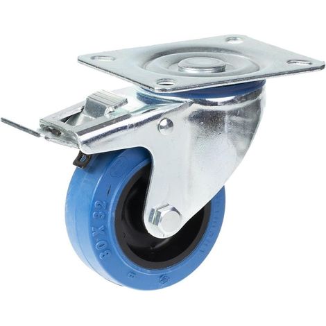 Roue pivotante/freineuse de 80 mm avec caoutchouc élastique bleu sur roue centrale en nylon (1/5)