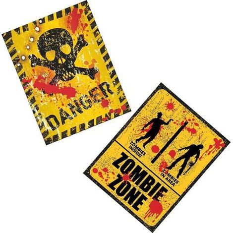 Lot de 2 autocollants Halloween jaunes style panneau d'avertissement (1/5)