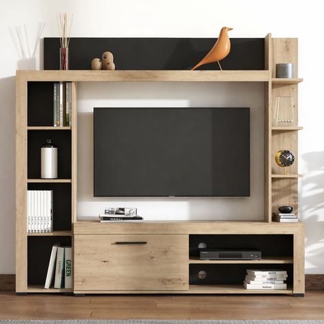 Mueble de pared Bubbiano, mueble de salón 9 estantes, 7 compartimentos, una puerta, marrón roble nudoso (1/5)