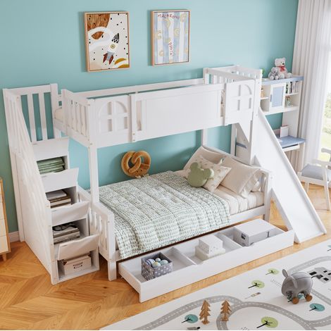 Lit superposé enfant avec fenêtres, toboggan et escalier de rangement, bois massif et MDF blanc, 90x200/120x200 cm (1/5)