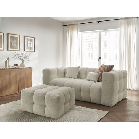 BOBOCHIC - Canapé droit convertible 3 places ouverture express CLOUD tissu bouclette avec pouf   Beige (1/5)