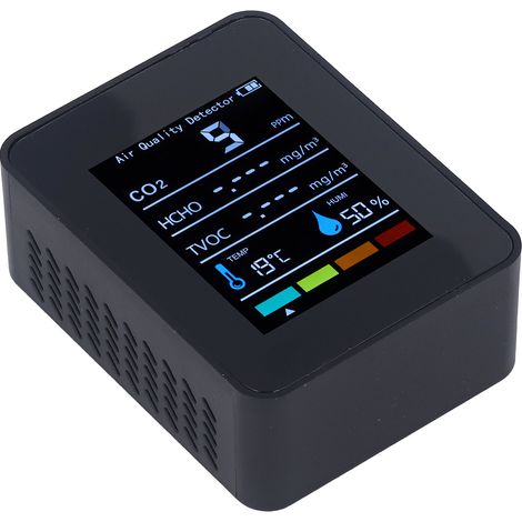 Schwarzes LCD-LCD-Display zur Anzeige von CO2, TVOC, HCHO, Temperatur, Luftfeuchtigkeit und Luftqualität (1/5)