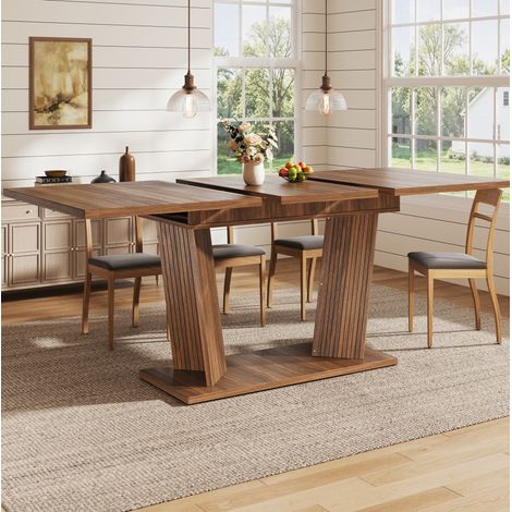 Mesa de comedor extensible (160x80x76 cm), con sistema deslizante, base estable, efecto madera, MDF, marrón oscuro (1/5)