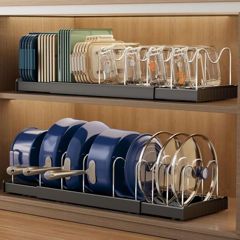2 Pièces Rangement Casserole Cuisine, Extensible Range Couvercle avec 9 Séparateurs Réglables, 32-57CM Porte Support Couvercle Casserole, Rangement Poele et Casseroles Placard (Noir) (1/5)